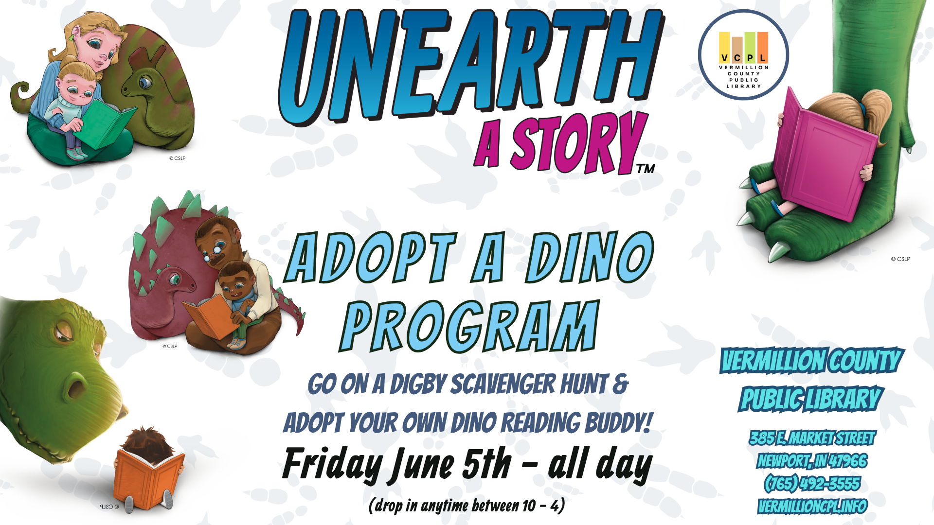 Promotional flyer for a June 5th event at Vermillion County Public Library: "Adopt a Dino" program with a scavenger hunt.