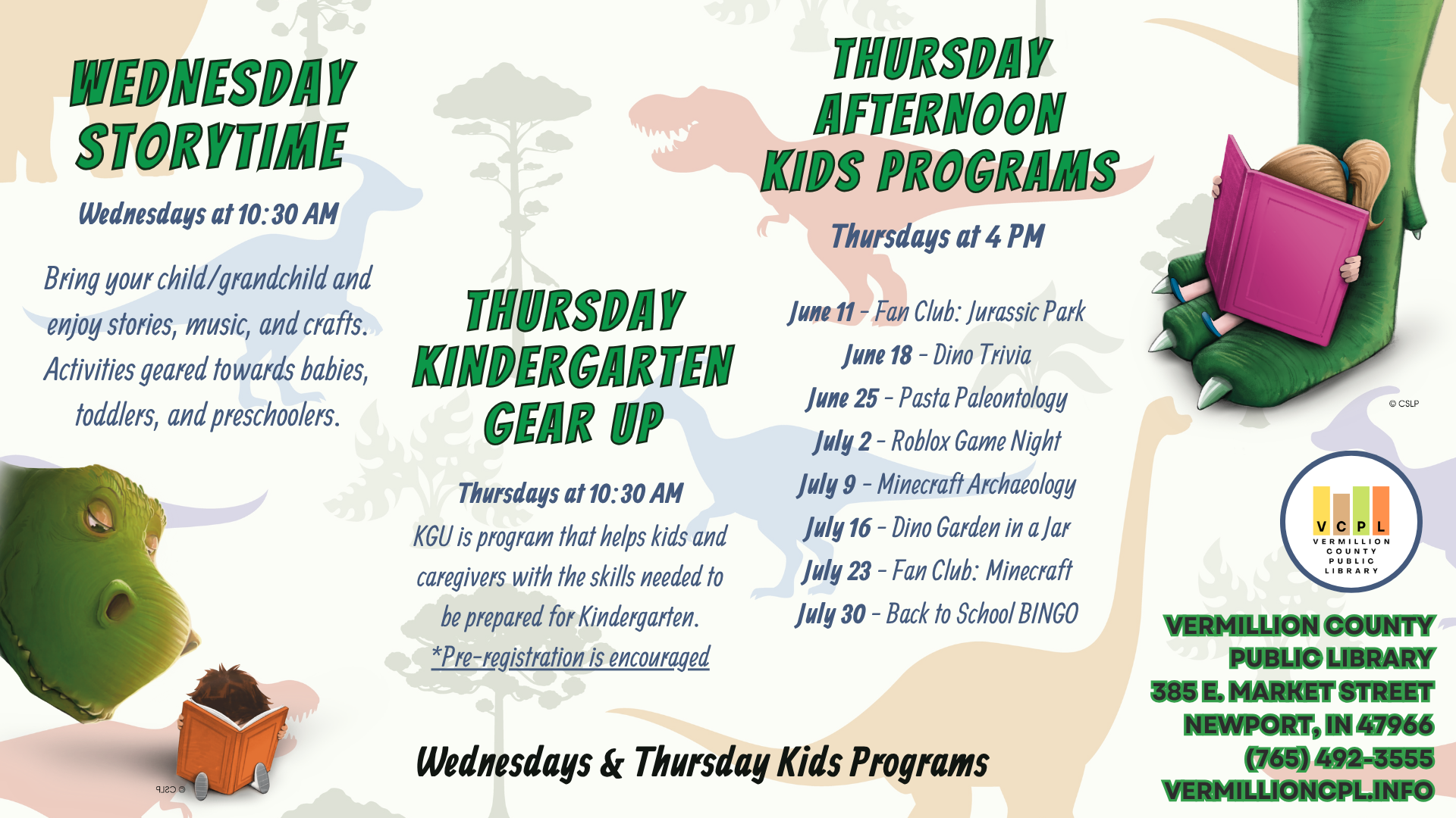 A flyer for kids' programs at the Vermillion County Public Library, featuring storytime and themed activities on Wednesdays and Thursdays.