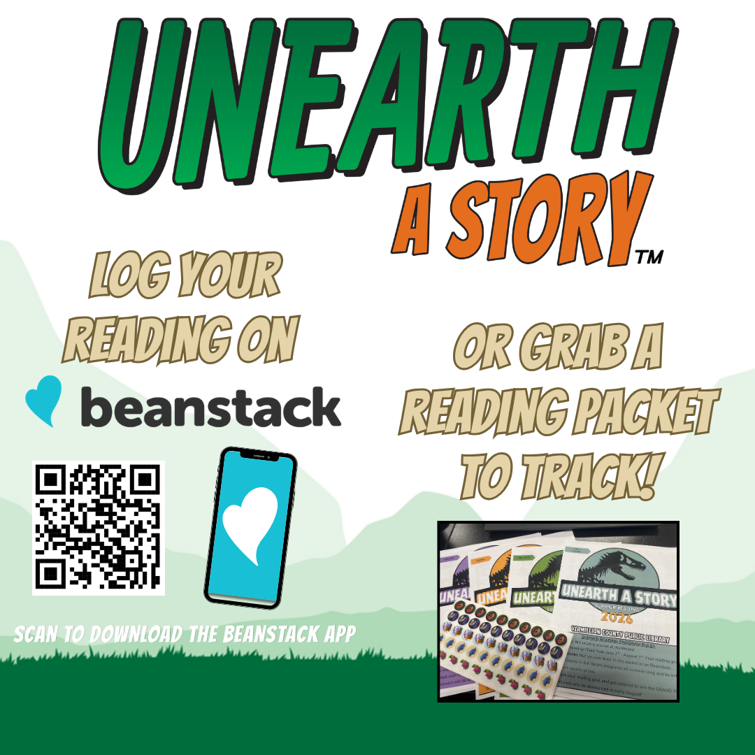 Promoting a reading program called "Unearth a Story," encouraging users to log reading via the Beanstack app or a reading packet.