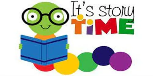 A cheerful character with glasses reads a book, accompanied by colorful circles, promoting story time.