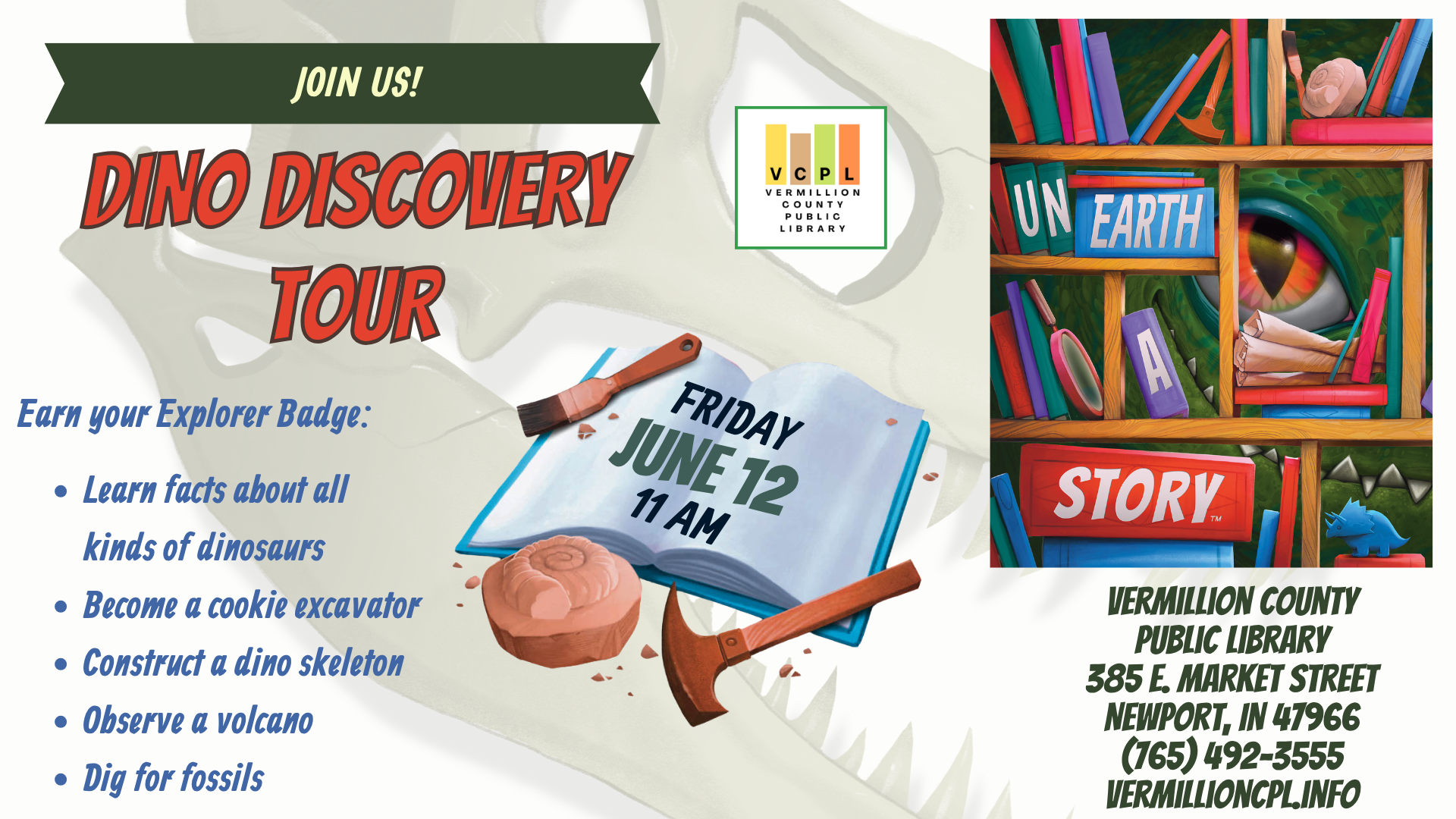 Join the Dino Discovery Tour at Vermillion County Public Library on June 12 at 11 AM! Learn about dinosaurs and earn your Explorer Badge.