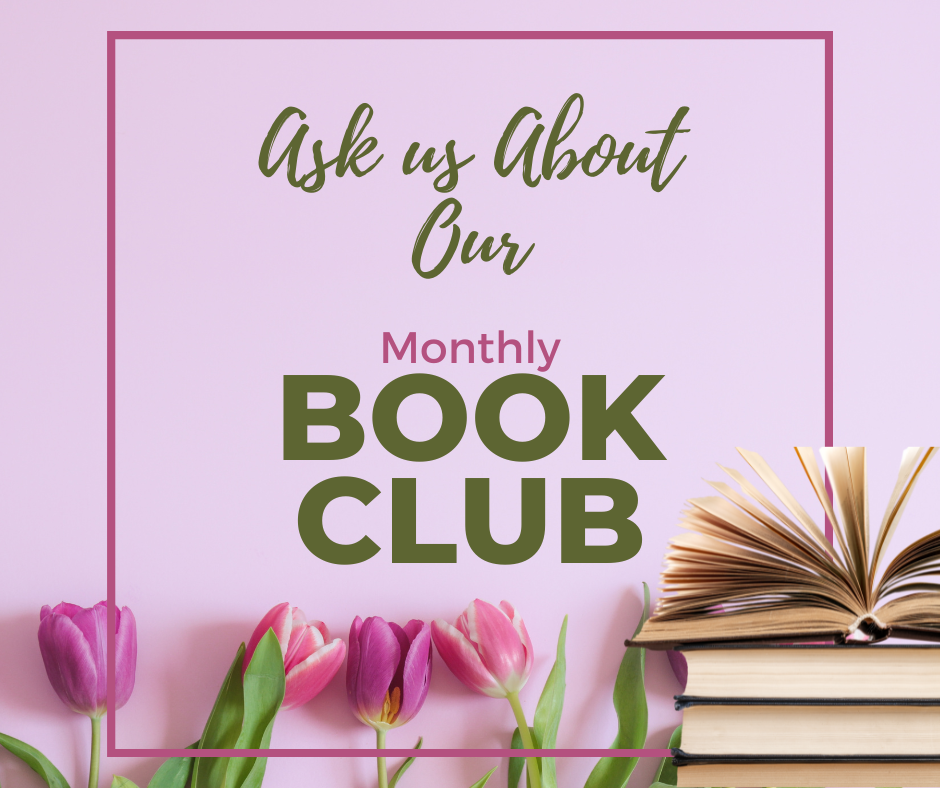 The image promotes a monthly book club, inviting people to ask for more information, with an eye-catching design featuring flowers and books.