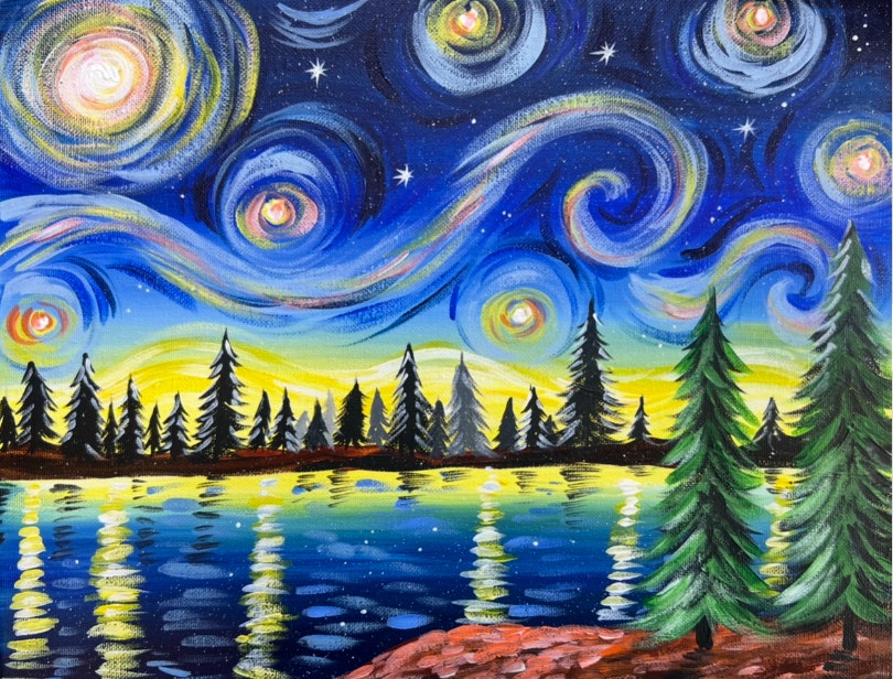 Vibrant night sky with swirling stars, trees, and a reflective body of water, reminiscent of Van Gogh's style.
