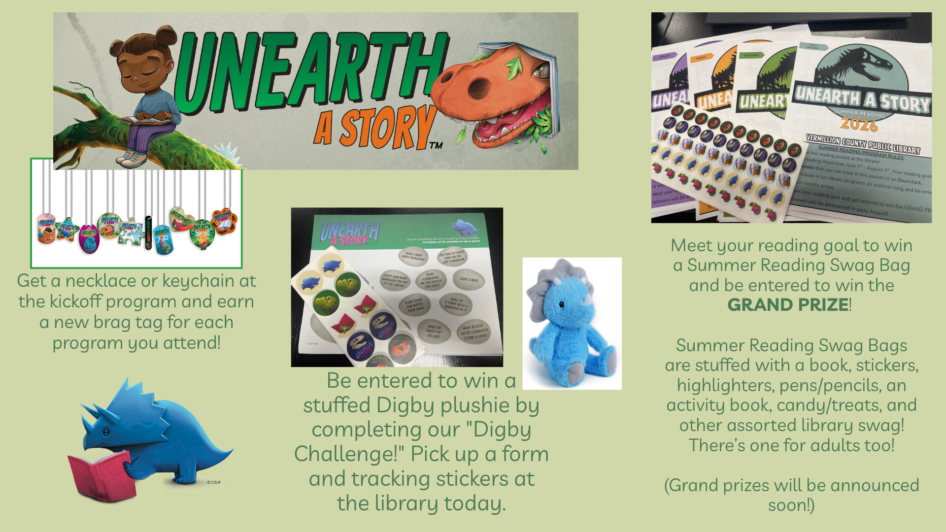 Promoting the "Unearth a Story" summer reading program with prizes, swag bags, and a challenge to win a stuffed plushie.