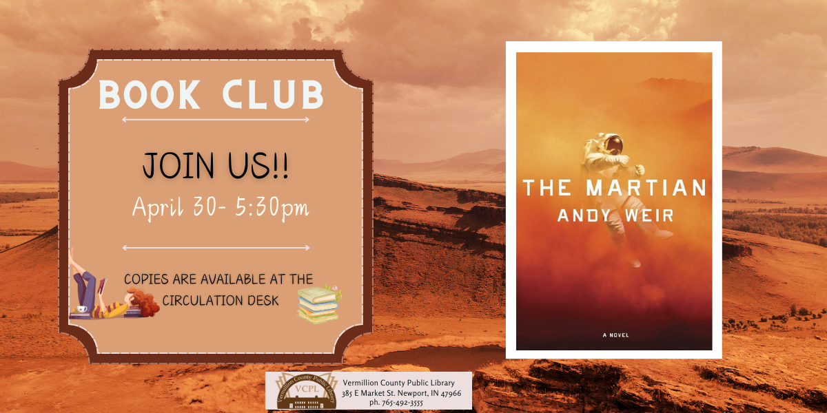 A book club advertisement for "The Martian" by Andy Weir with event details and Mars-themed background.