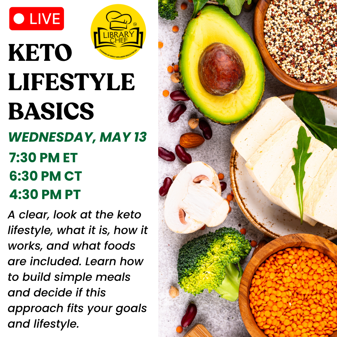 Promotion for a live event on Keto lifestyle basics, covering meal ideas and food choices. Scheduled for May 13 at various times.