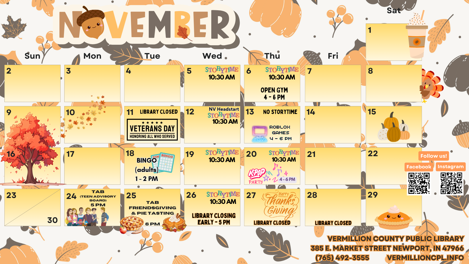 November library events calendar with storytimes, Veterans Day closure, BINGO, and Thanksgiving activities.