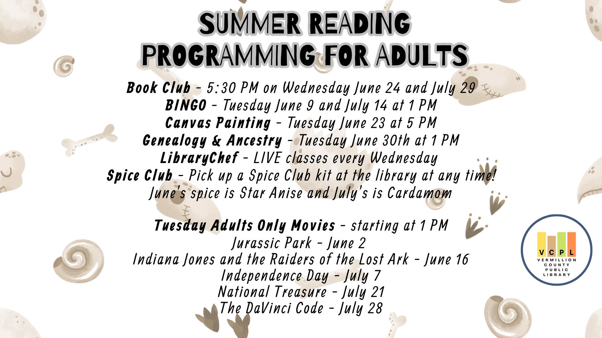The image details summer reading programs for adults at the Vermilion County Public Library, including events and movie screenings.