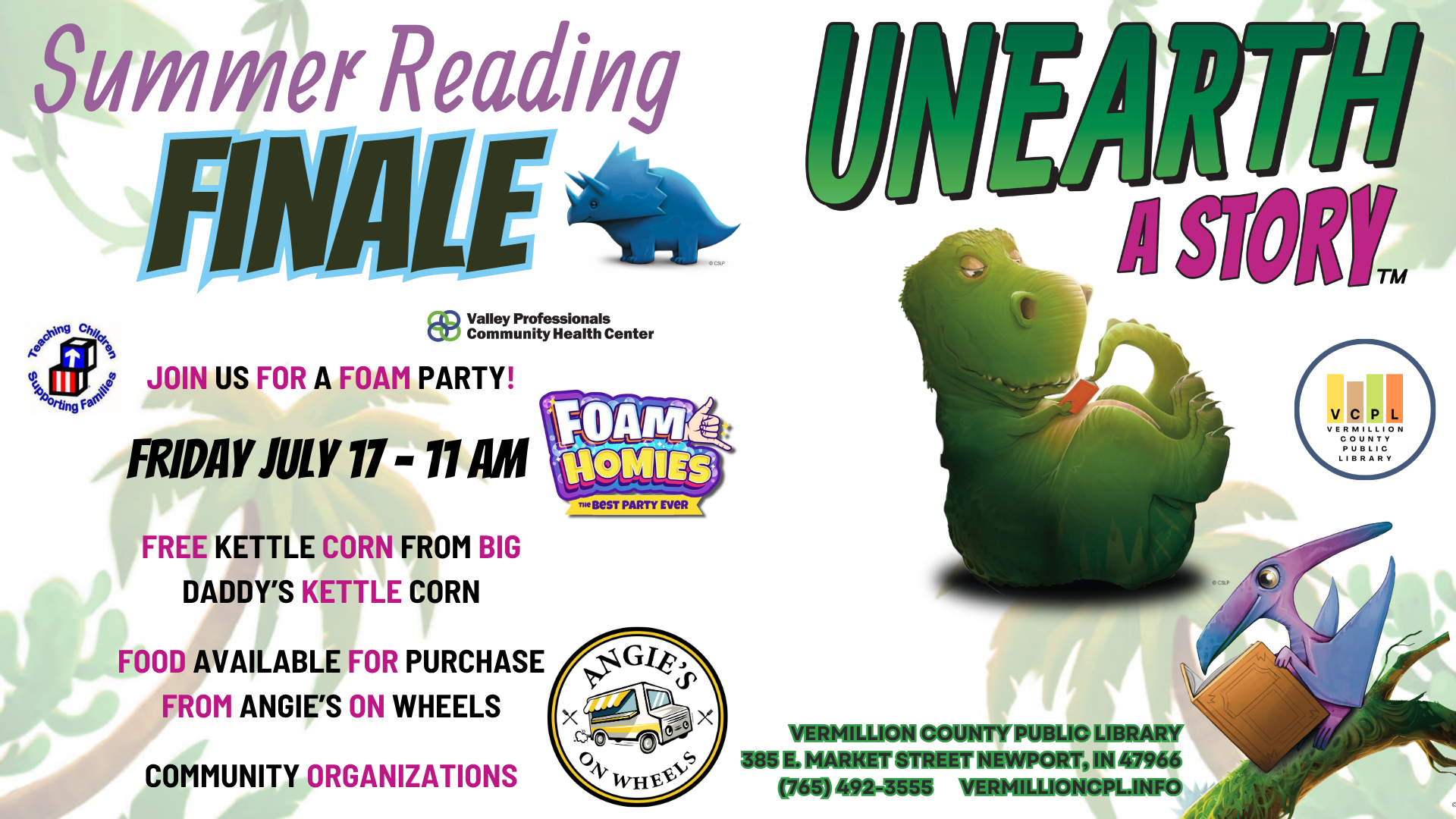 Join the Summer Reading Finale Foam Party on July 17 at 11 AM! Free kettle corn, food for purchase, and community fun!