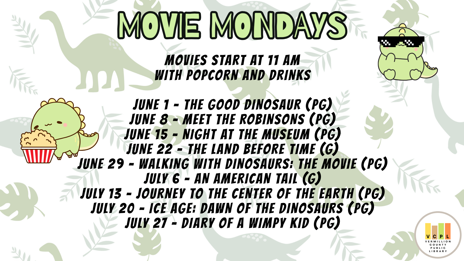 "Movie Mondays" schedule from June 1 to July 27 at 11 AM, featuring children's films like "The Good Dinosaur" and "Diary of a Wimpy Kid."