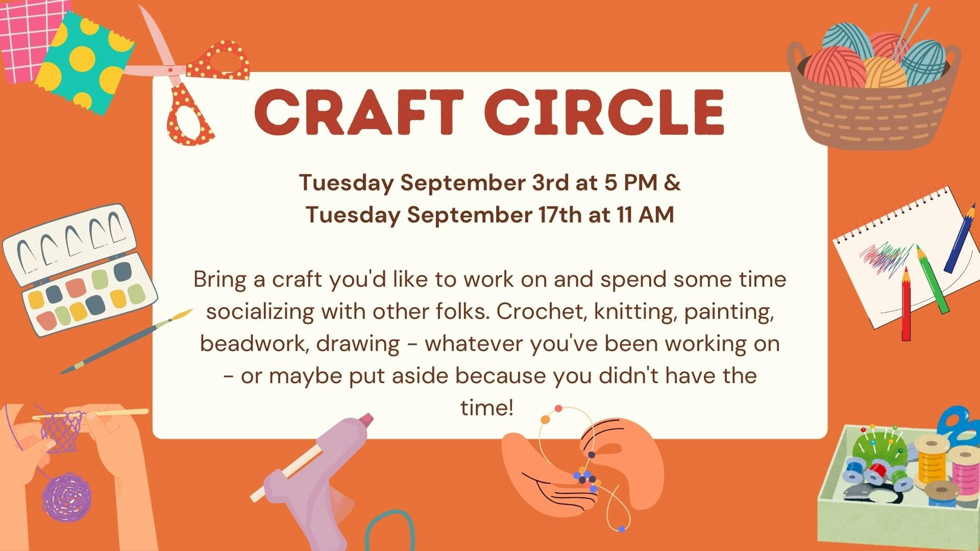 A colorful flyer announcing a "Craft Circle" event with crafting materials depicted.