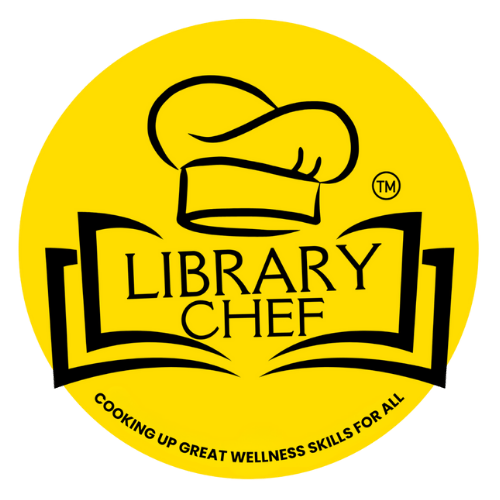 A logo for "Library Chef," featuring a cooking hat and an open book, promoting wellness skills for all.