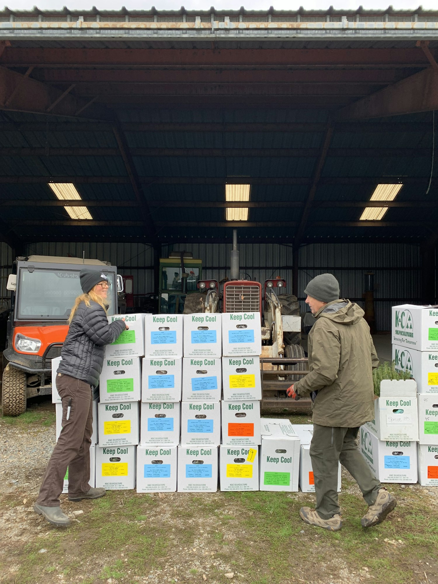Two people in a warehouse with a stack of boxes labeled "Keep Cool" in various colors.