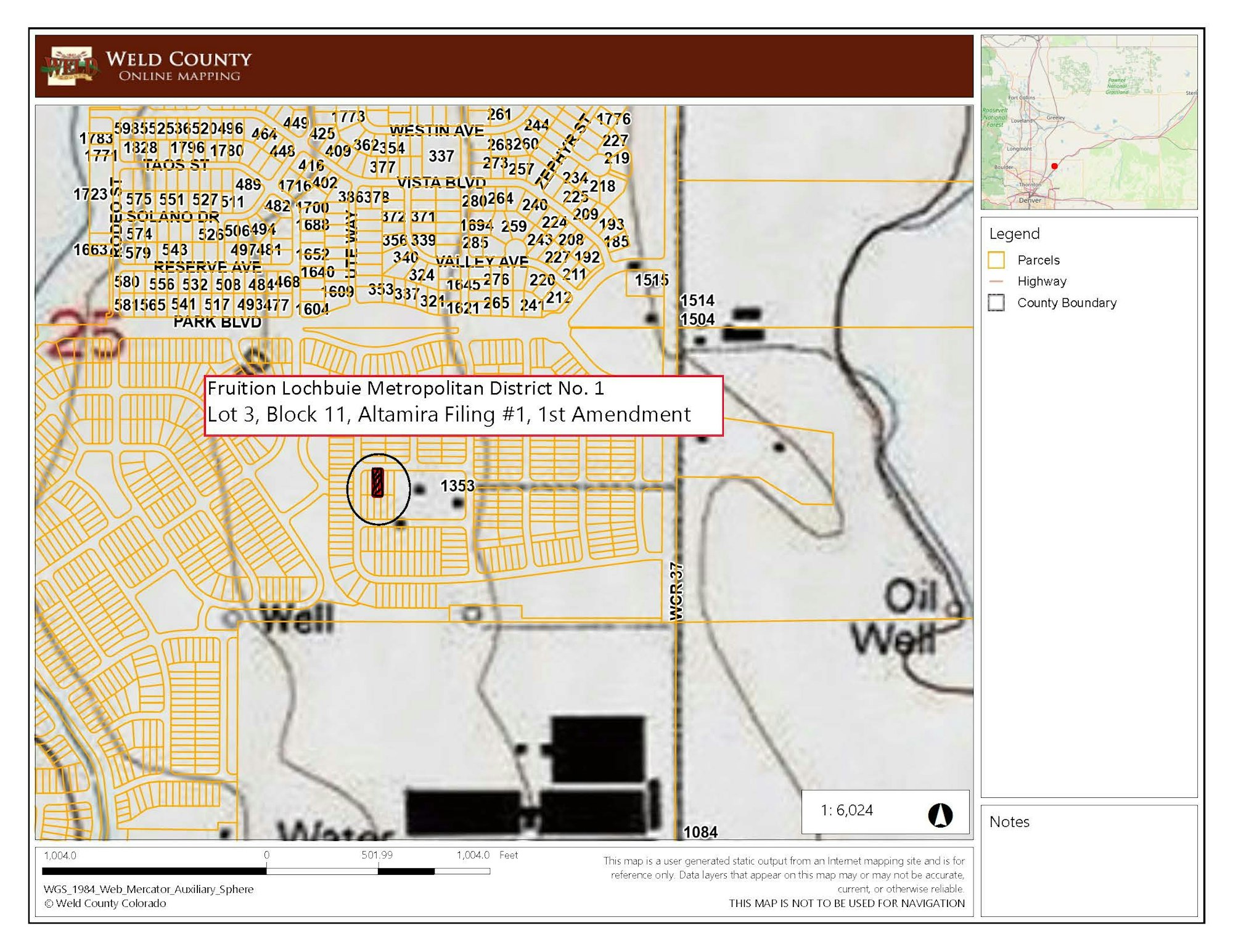 Weld County map showing Fruition Lochbuie Metropolitan District No. 1, Lot 3, Block 11, with parcel and highway boundaries.