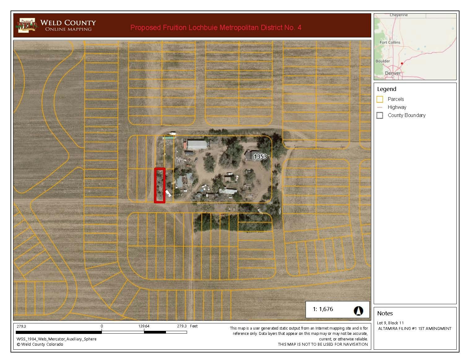 Map of a property in Weld County showing parcels, boundaries, and a highlighted area with a satellite view.