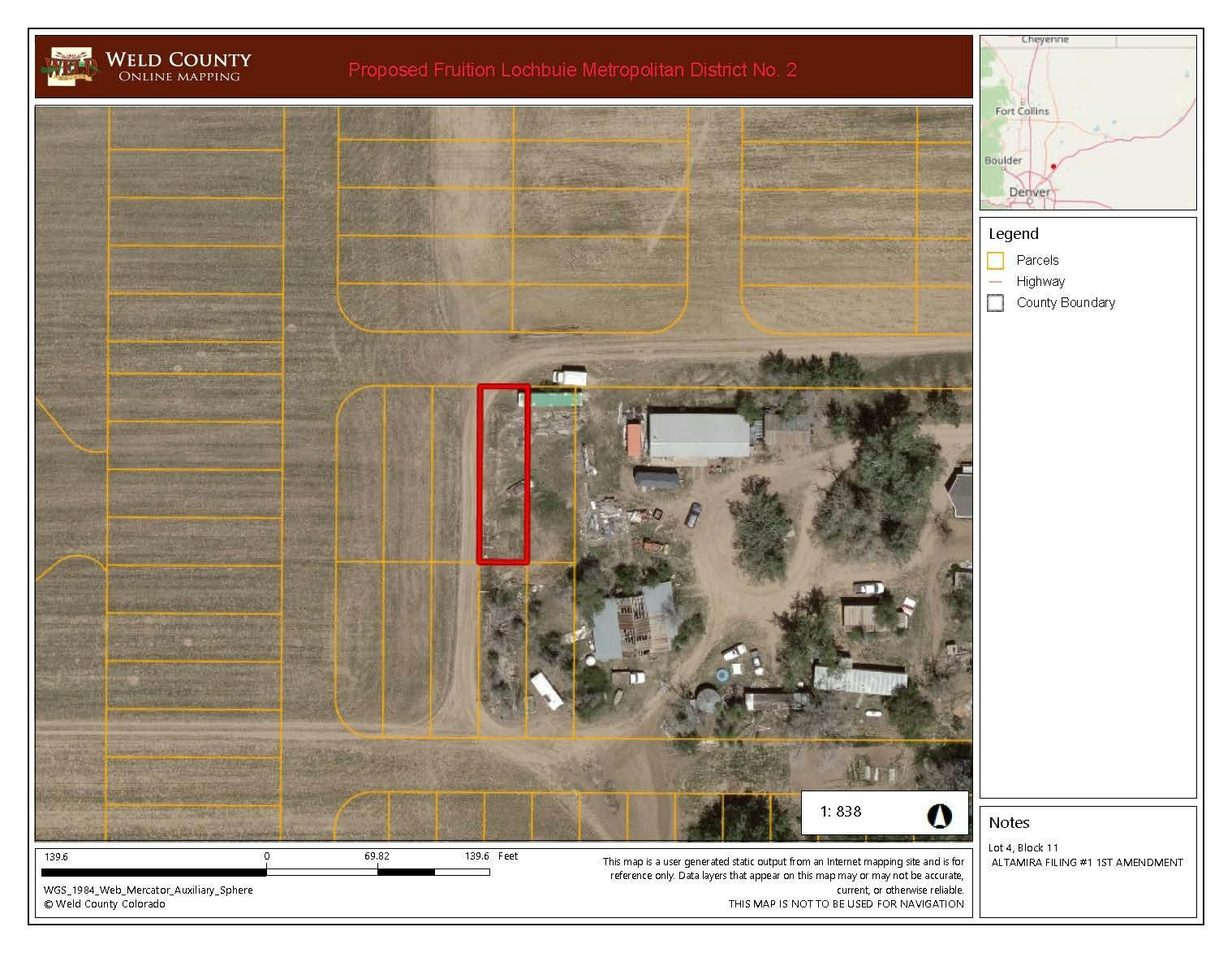 Aerial map of Weld County with parcels outlined, highlighting a specific area in red within the Proposed Fruition Lochbuie District No. 2.
