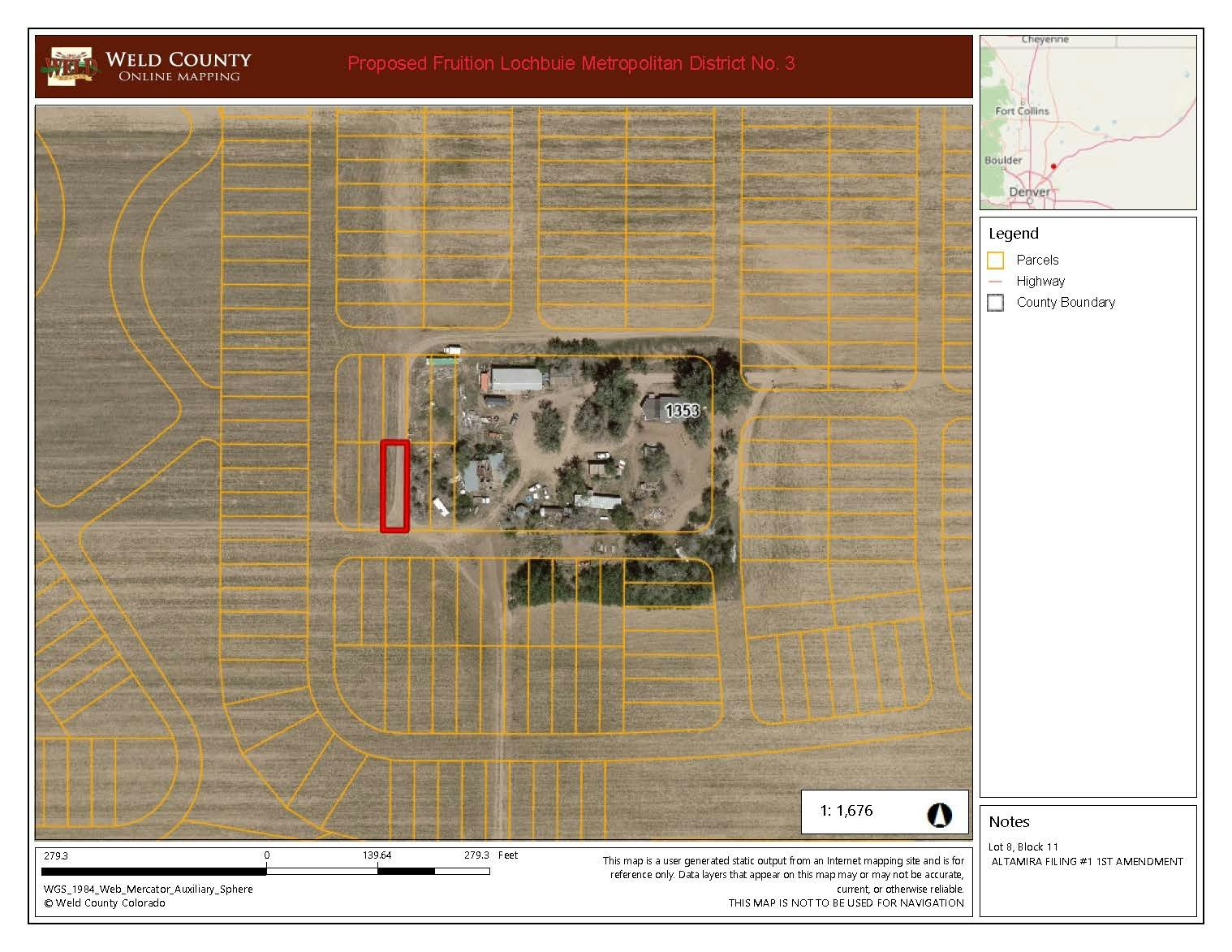 Aerial view map of Weld County, showing parcels in yellow, a labeled building, and a red-highlighted area.