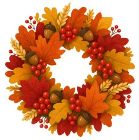 A vibrant autumn wreath made of colorful leaves, acorns, and berries, showcasing shades of red, orange, and yellow.