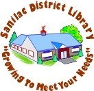 The image is a logo for the Sanilac District Library, featuring a stylized building and the phrase "Growing To Meet Your Needs."