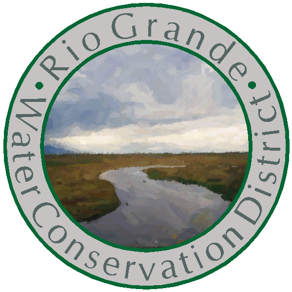 The image features a logo for the Rio Grande Water Conservation District, highlighting a river scene within a circular design.