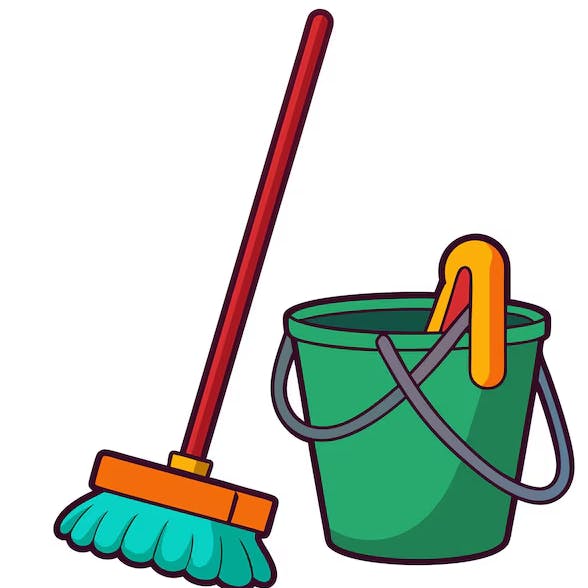 Illustration of a red broom and green bucket with a mop handle.