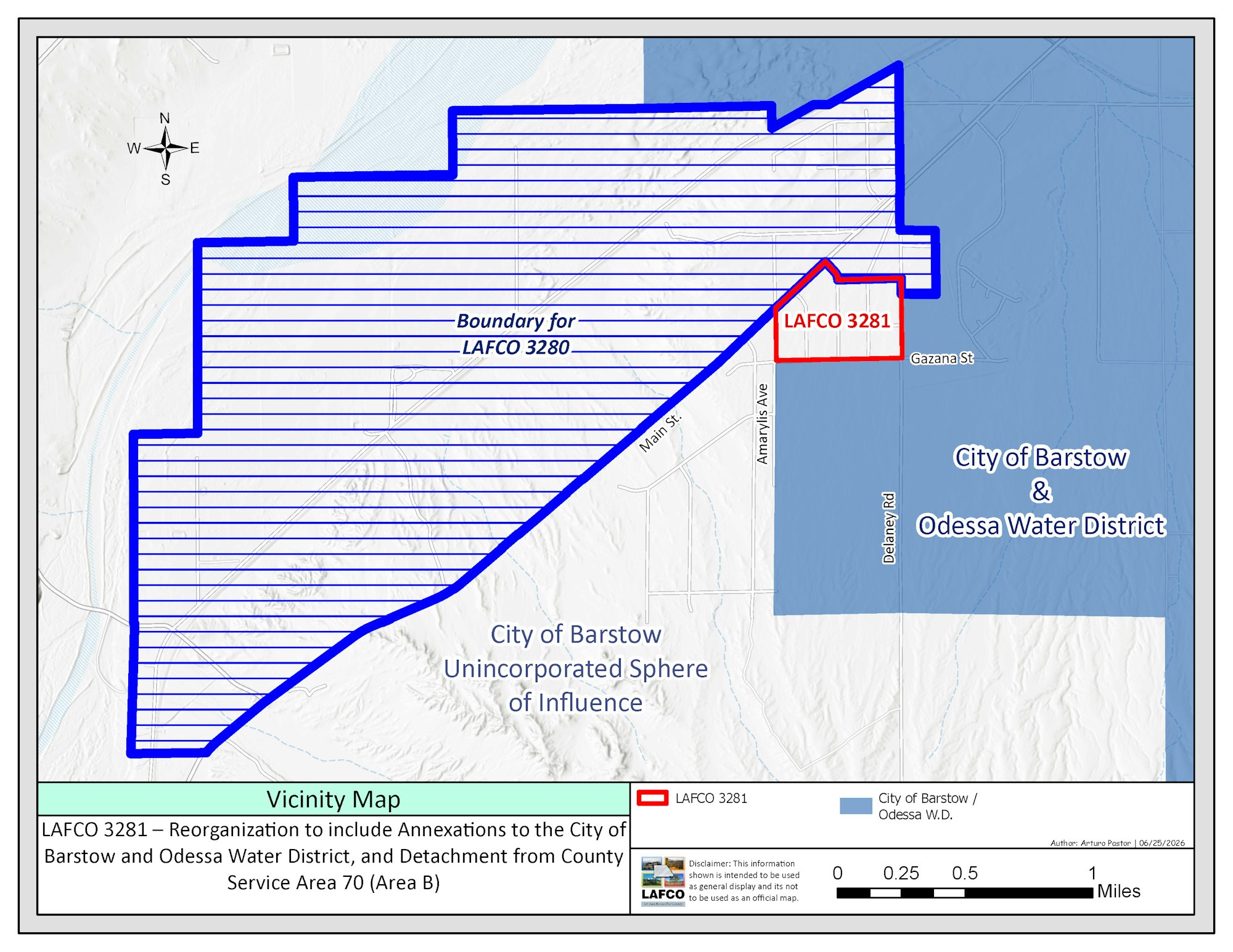 Map showing LAFCO 3281 boundary for annexation to the City of Barstow and Odessa Water District, detailing service area changes.