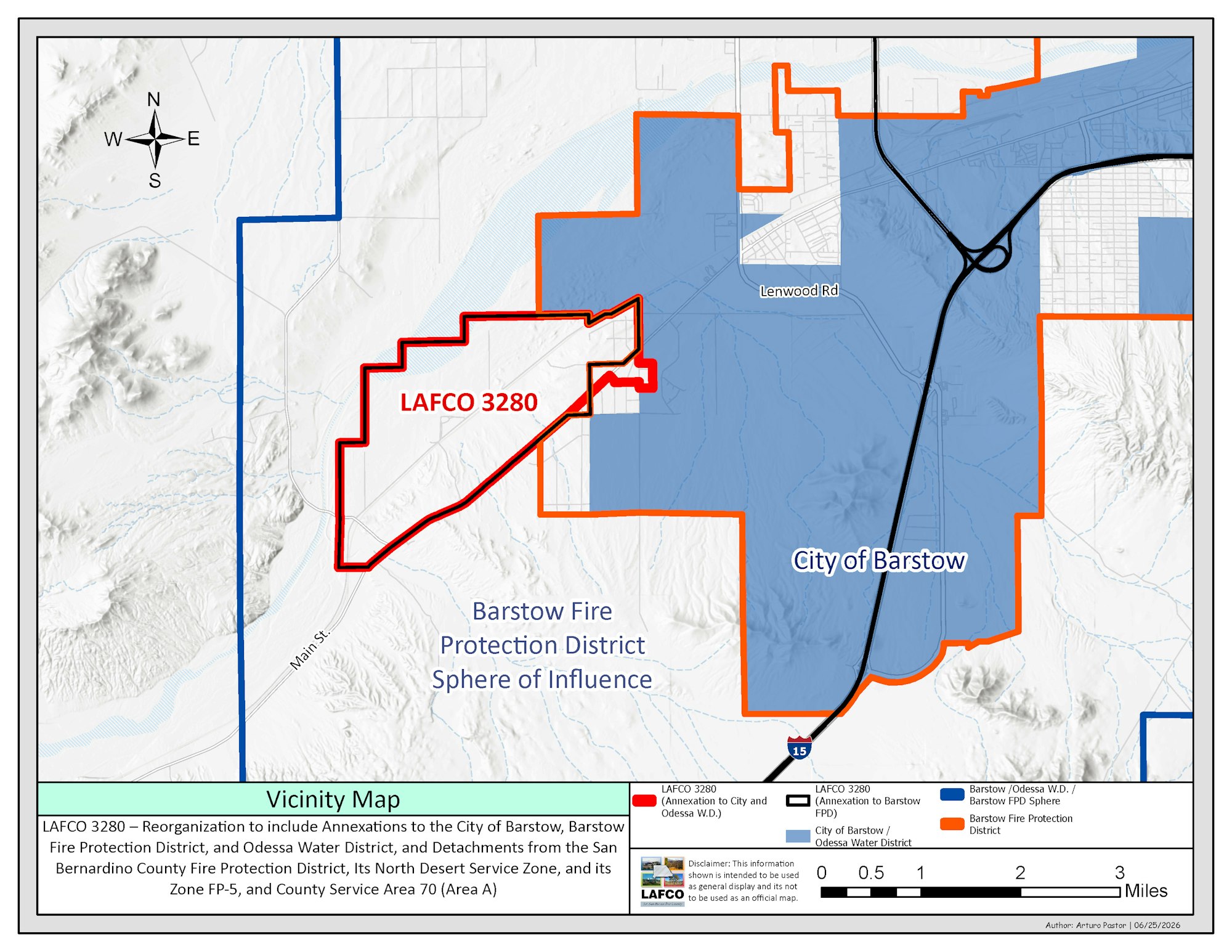 Map showing LAFCO 3280 reorganization for Barstow Fire Protection District, adjacent water districts, and nearby areas.