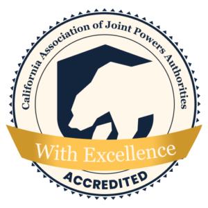 Seal for the California Association of Joint Powers Authorities, with "With Excellence" and "Accredited" banners.