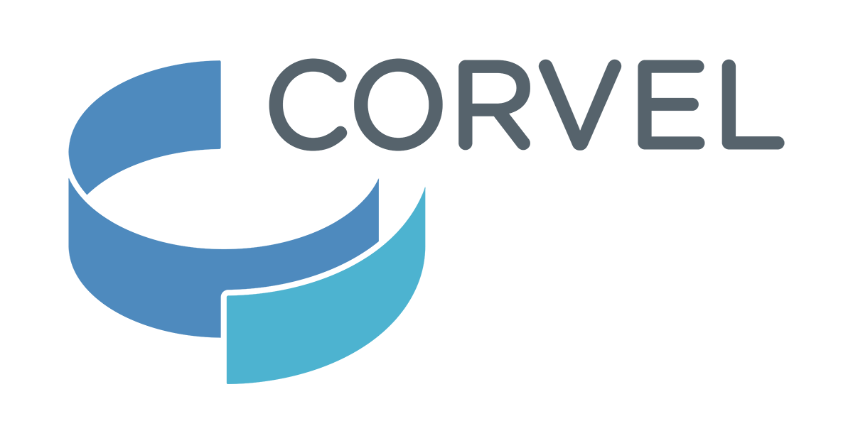 Logo with a blue ribbon-like design and the text "CORVEL."