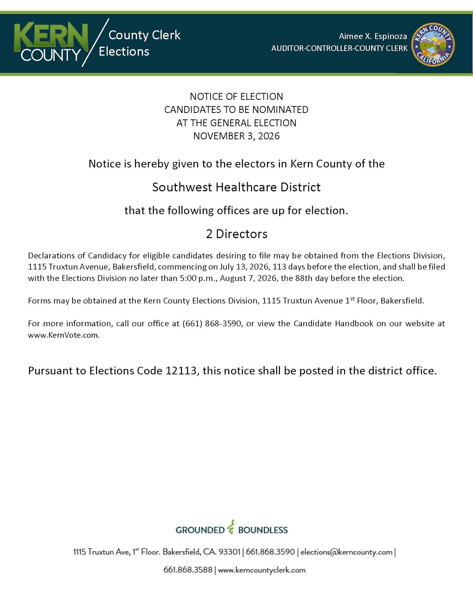 Notice of election for 2 Directors in Kern County's Southwest Healthcare District on November 3, 2026. Candidate filing starts July 13, 2026.