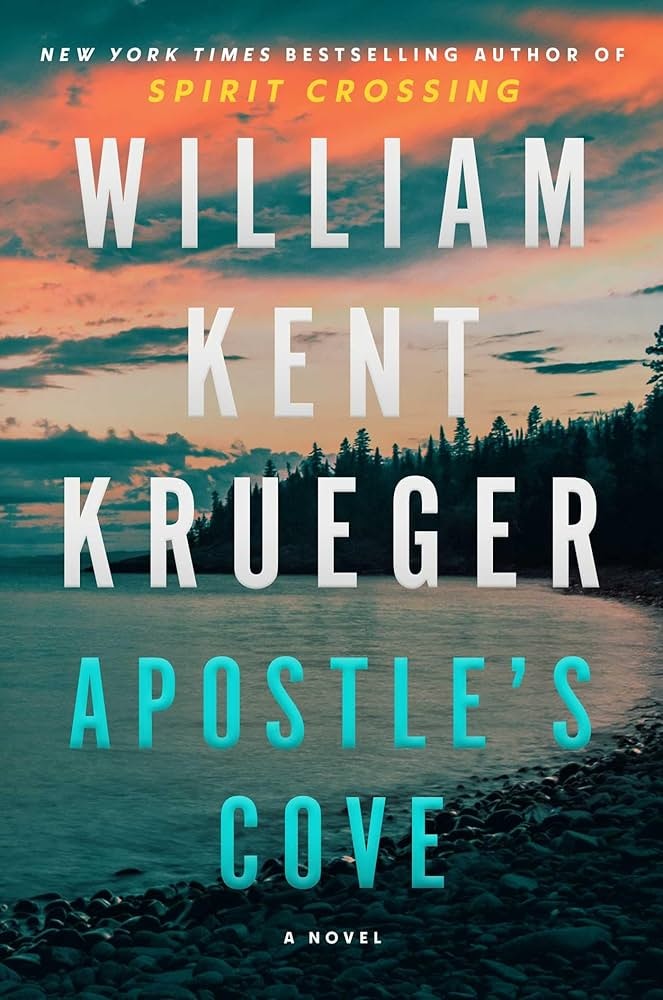 Cover of "Apostle's Cove" by William Kent Krueger; features a scenic coastline at sunset.