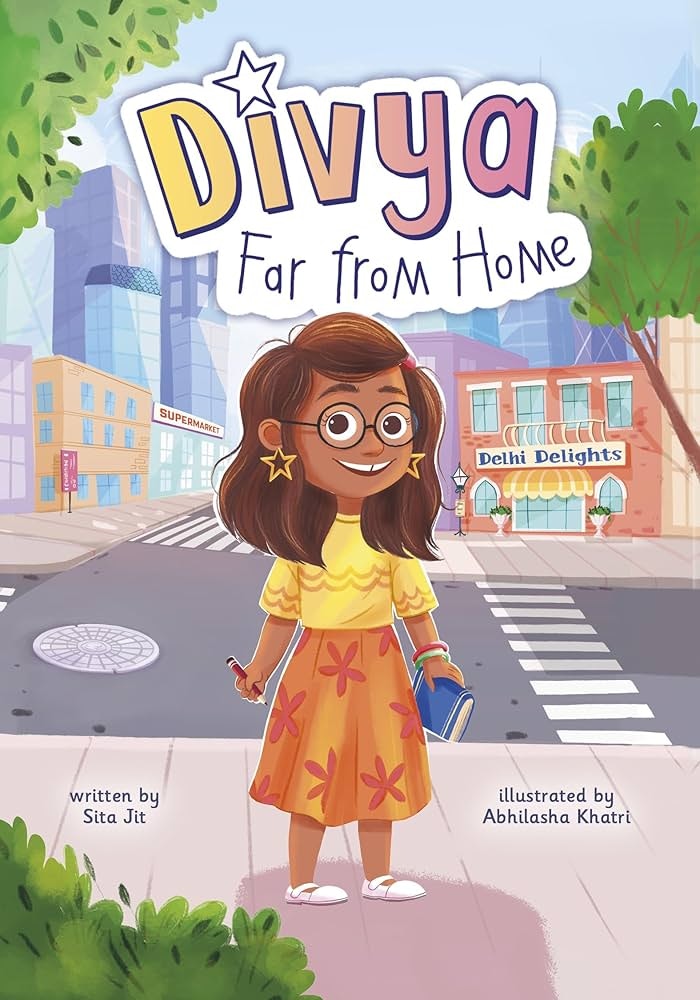 A book cover titled "Divya Far from Home," featuring a young girl on a city street, with colorful illustrations and text mentioning the author and illustrator.