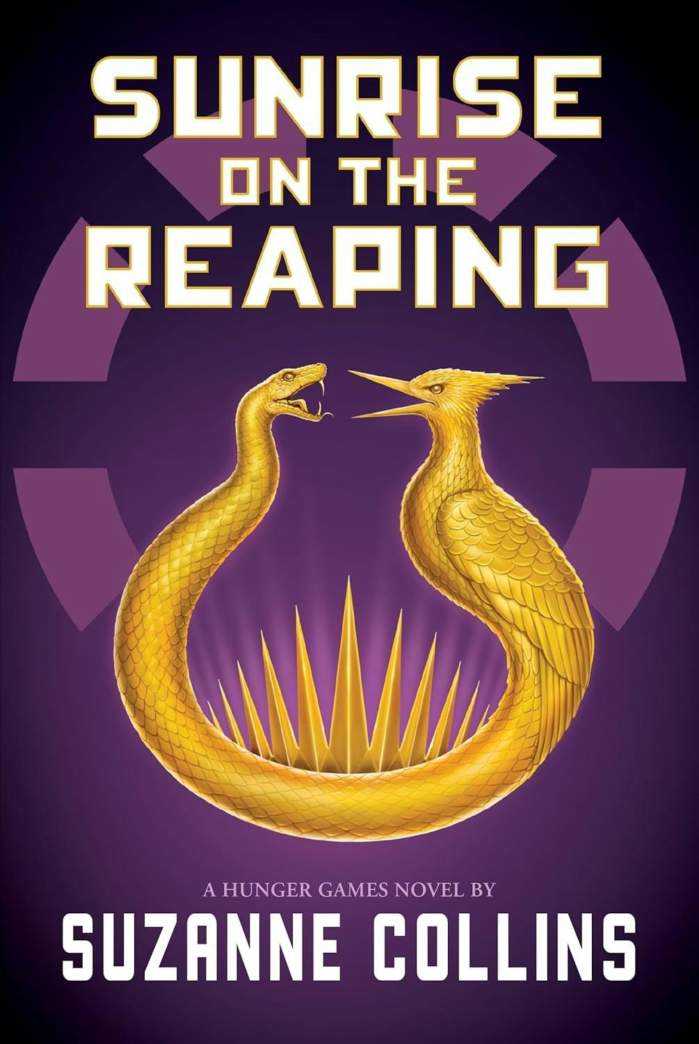 Book cover: "Sunrise on the Reaping" by Suzanne Collins with two golden creatures in a circle.