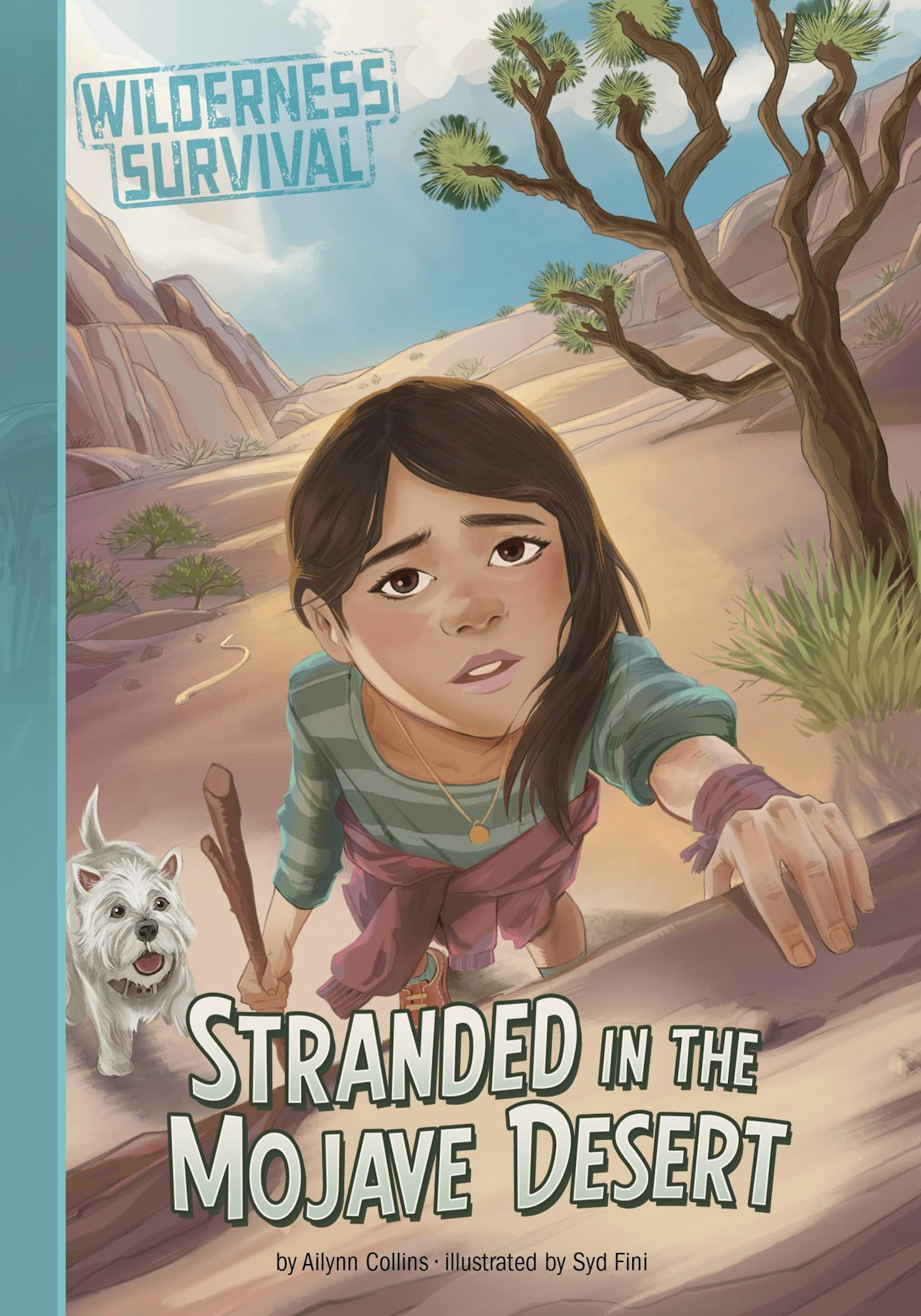 Girl and dog in desert, "Wilderness Survival: Stranded in the Mojave Desert" cover illustration by Ailynn Collins, art by Syd Fini.