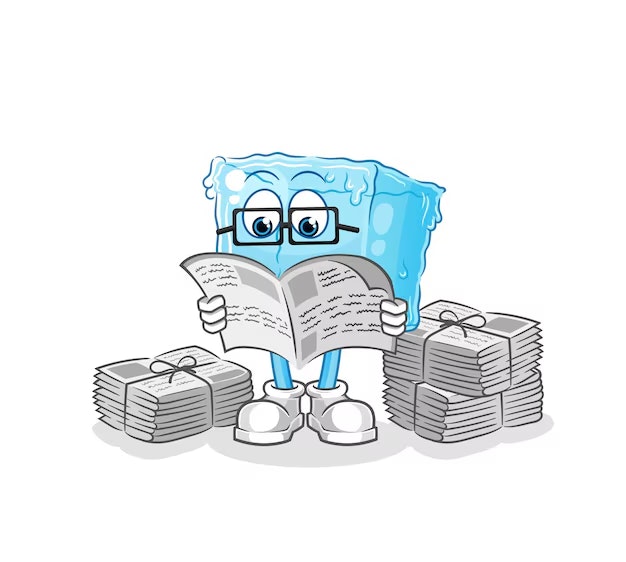 A cartoon ice cube character with glasses reading a newspaper, surrounded by stacks of newspapers.