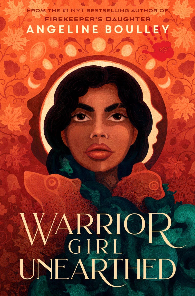 An illustrated book cover titled "Warrior Girl Unearthed" by Angeline Boulley, featuring a determined young woman with autumnal and floral motifs.