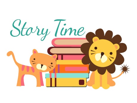 Illustration of two cute lions beside a stack of colorful books with "Story Time" text.