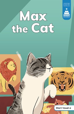 Illustrated book cover titled "Max the Cat" featuring a cat with posters of a lion and tiger in the background.