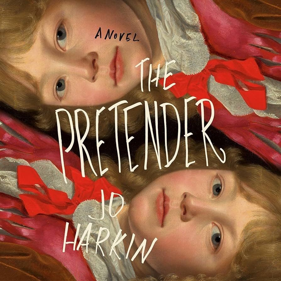 Two mirrored portraits of a child with "The Pretender" by Jo Harkin in stylized text.