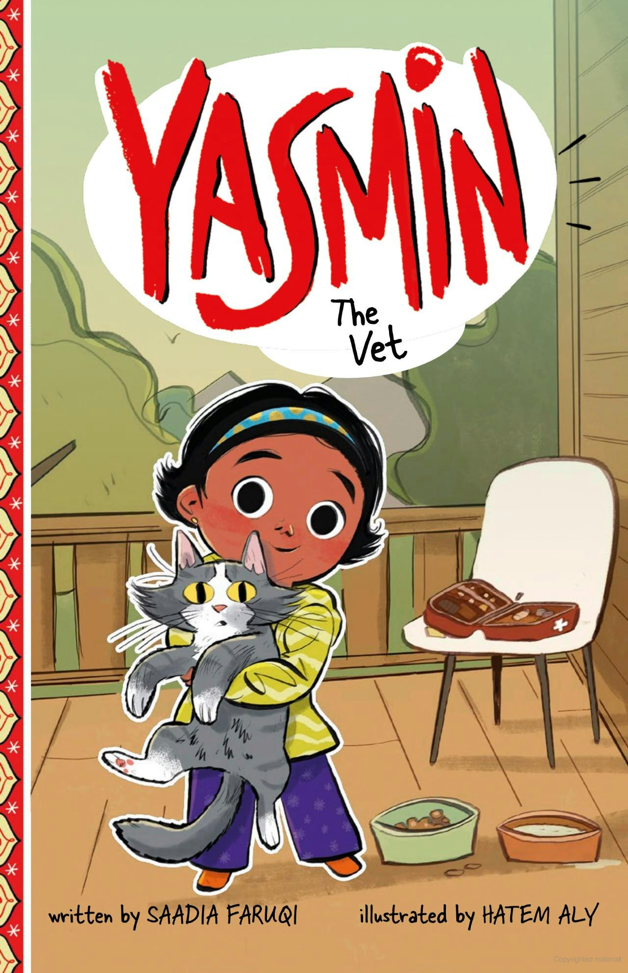 A book cover of "Yasmin the Vet" featuring a girl holding a cat with vet tools in the background.