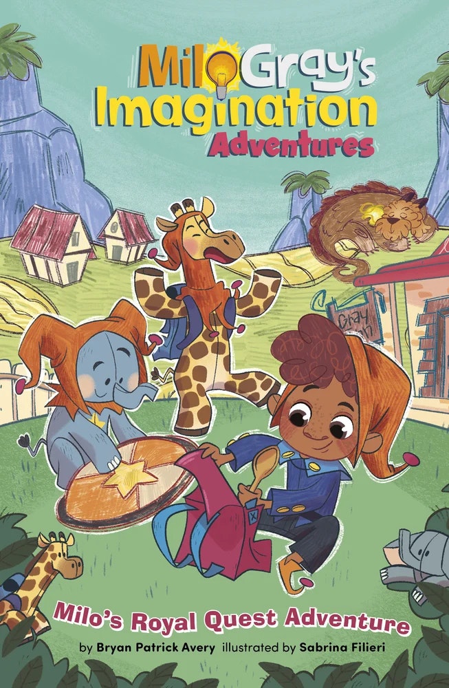 The image features the cover of "Milo Gray's Imagination Adventures: Milo's Royal Quest Adventure," with colorful illustrations of characters on a quest.