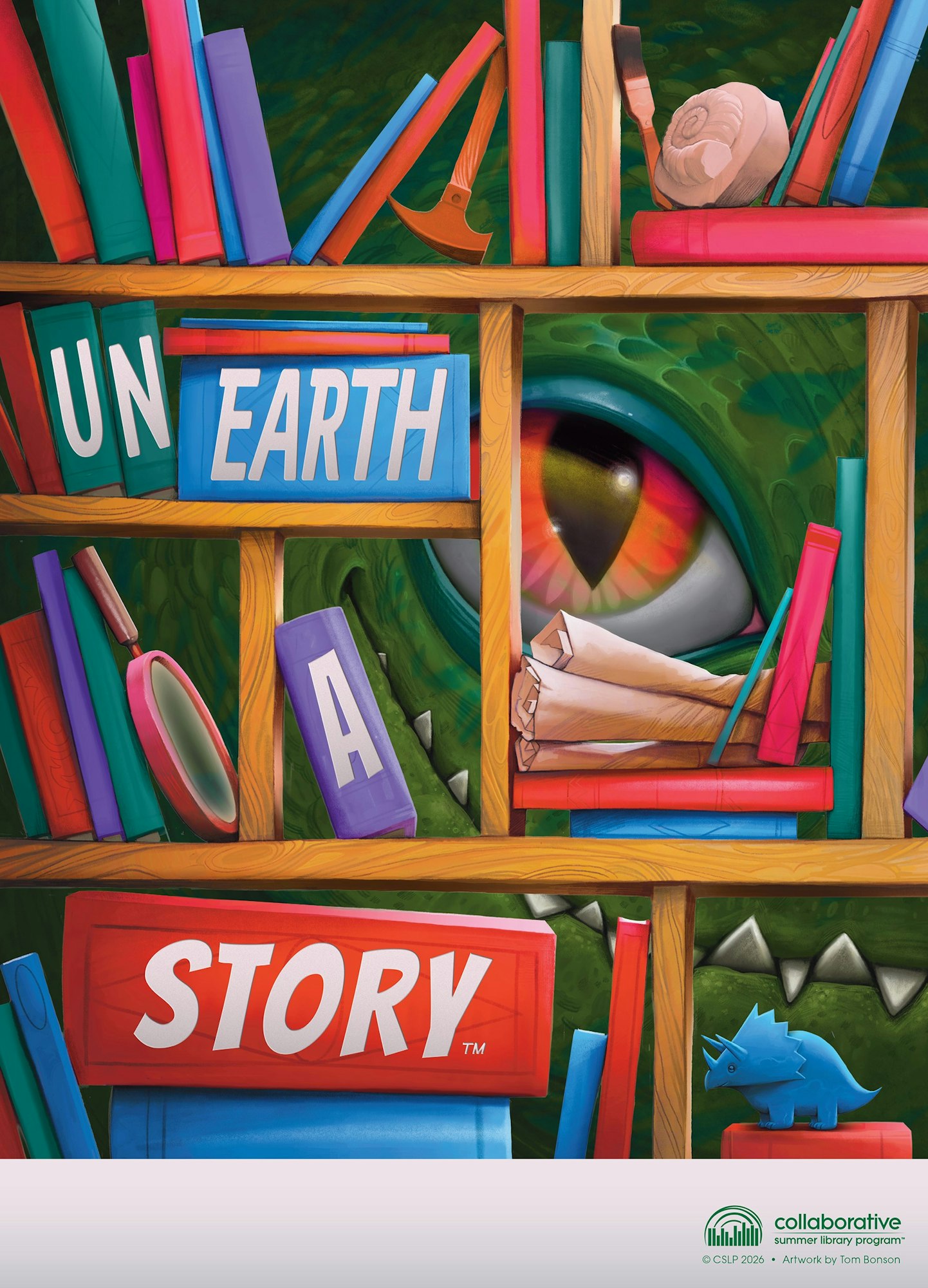 A colorful bookshelf with the phrase "UNEARTH A STORY," featuring playful objects and a large eye in the background.