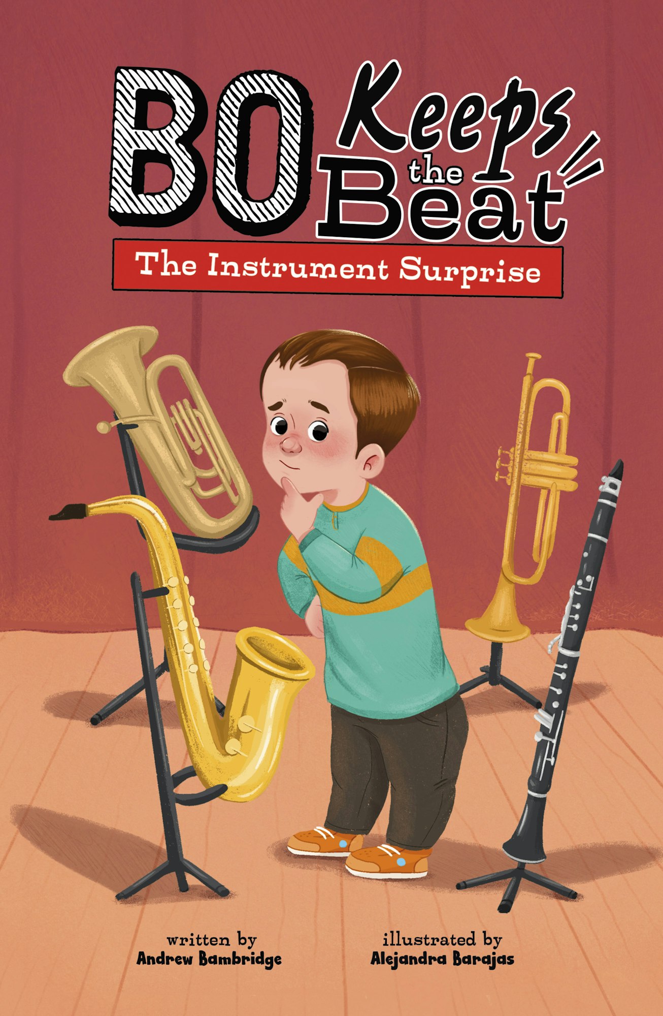 A boy ponders over musical instruments. Text: "Bo Keeps the Beat: The Instrument Surprise."