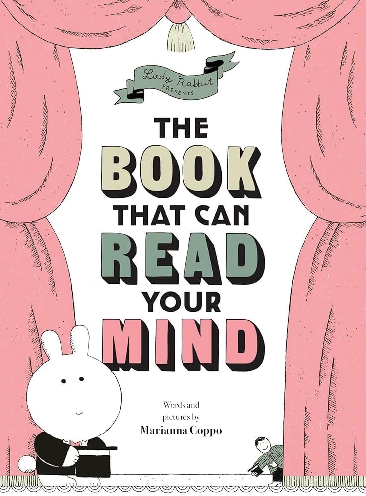 Book cover titled "The Book That Can Read Your Mind" by Marianna Coppo, with pink curtains and a rabbit illustration.