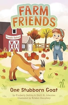 A children's book cover titled "Farm Friends: One Stubborn Goat" with a child and a goat illustration.