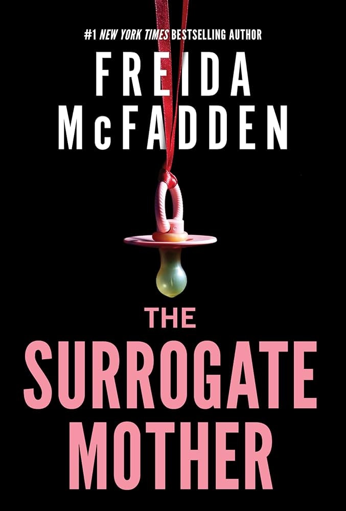 The image features the book cover for "The Surrogate Mother" by Frieda McFadden, highlighting the title and author prominently.