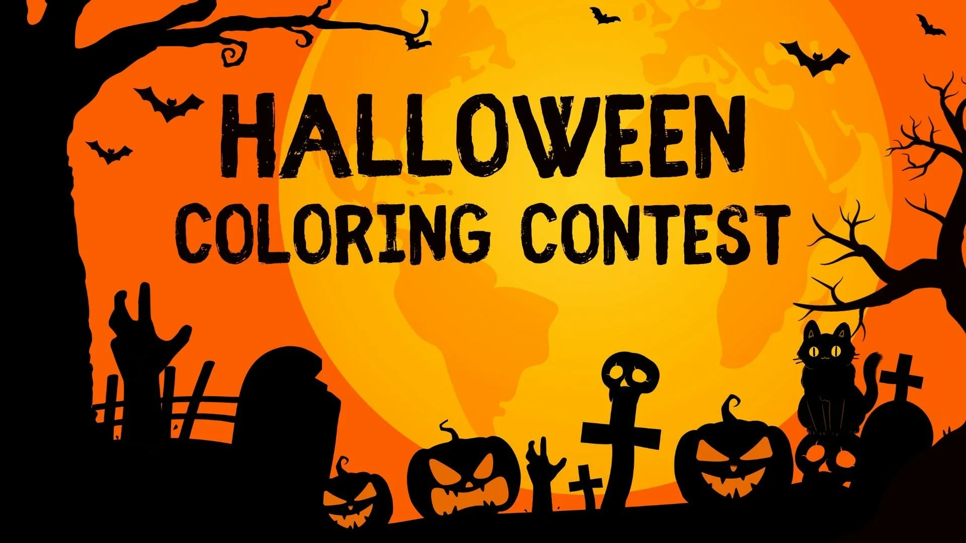 A spooky graphic for a Halloween coloring contest featuring pumpkins, bats, and a black cat against an orange background.