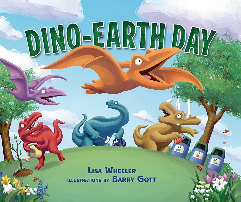 Dinosaurs celebrating Earth Day: planting trees, recycling, with cheerful expressions, under a blue sky. Book cover illustration.