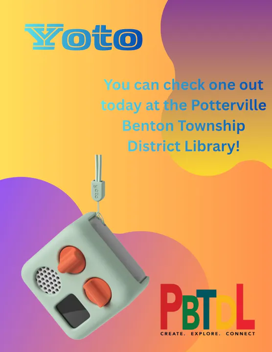 The image promotes Yoto devices available for checkout at the Pottersville Benton Township District Library.