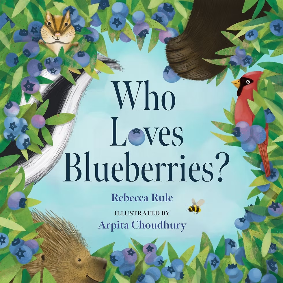 A children's book titled "Who Loves Blueberries?" featuring whimsical animal illustrations amid blueberry bushes.